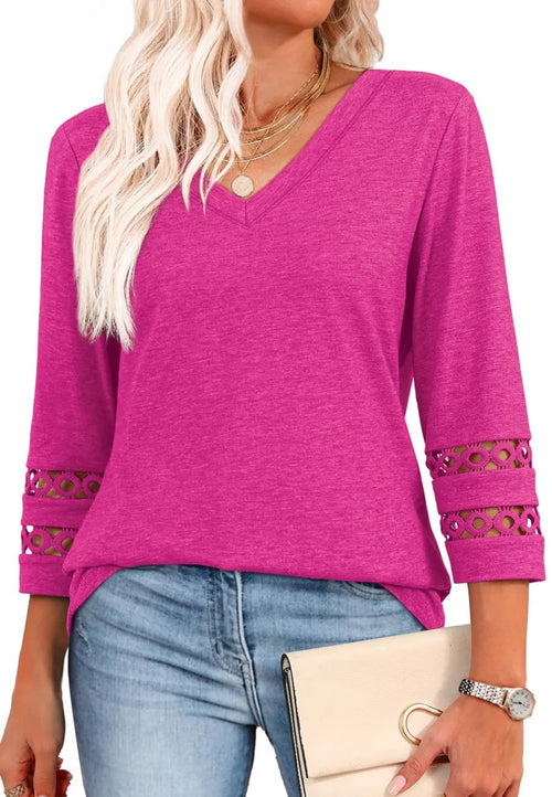 ClairaMode | Relaxed Fit V-Neck Sleeve Women Tee – Hot pink / S