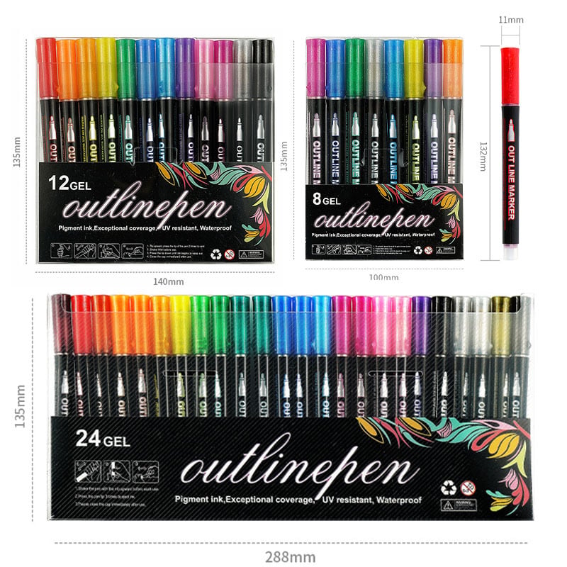 GlowStroke – Double Line Outline Marker Pens – 12 Counts