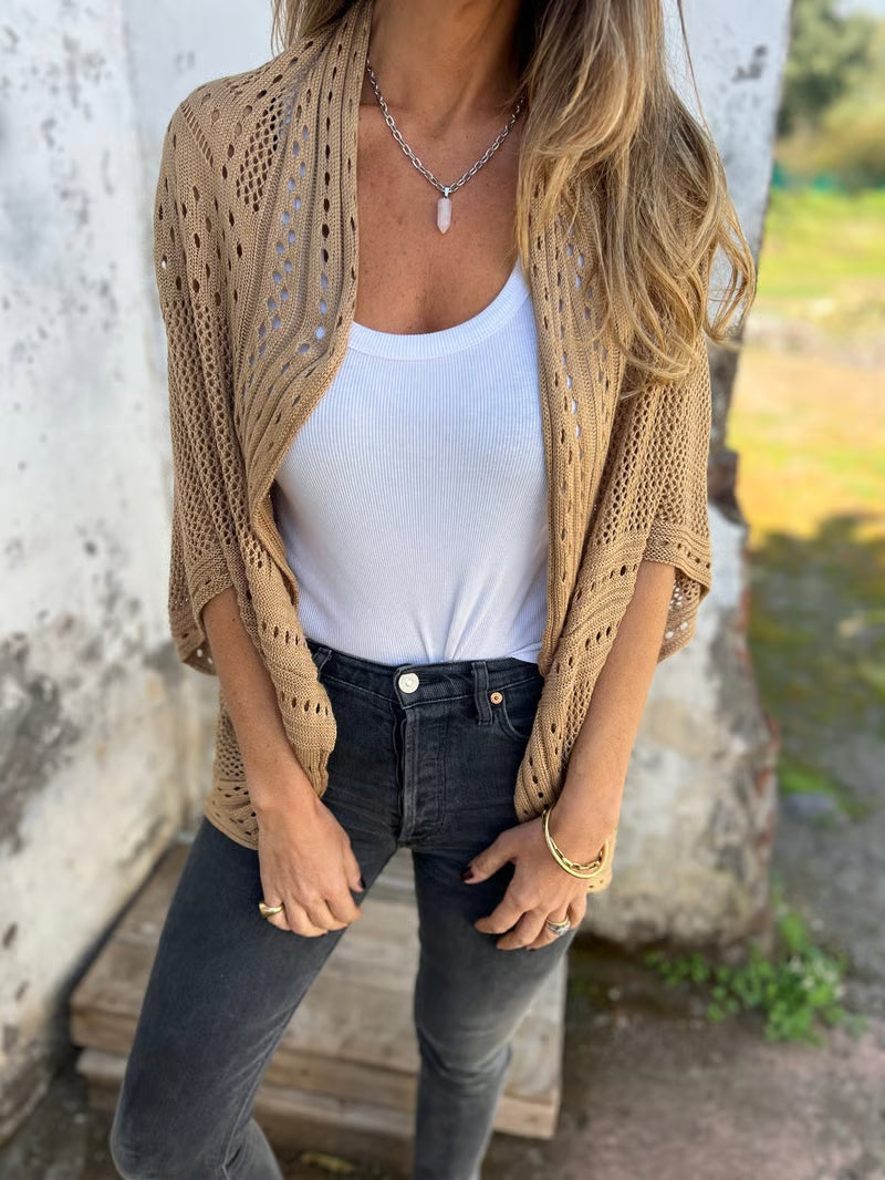 CloudWeave – Hollow Half Sleeve Cardigan – Khaki / S