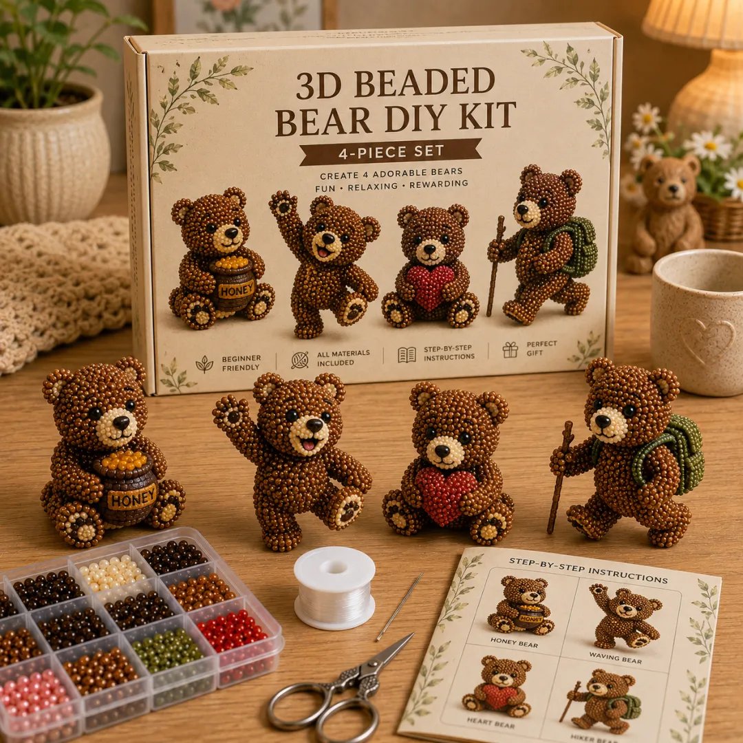 BearCraft - 3D Beaded Bear DIY Kit (4-Piece Handmade Set) – Brown Bear