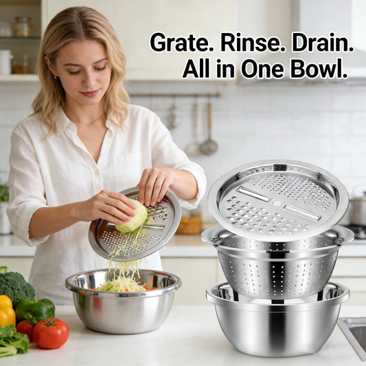 EcoChef - Durable Stainless Steel Multi-Purpose Bowl – Two-piece set: grating disc and solid bowl / Buy 1