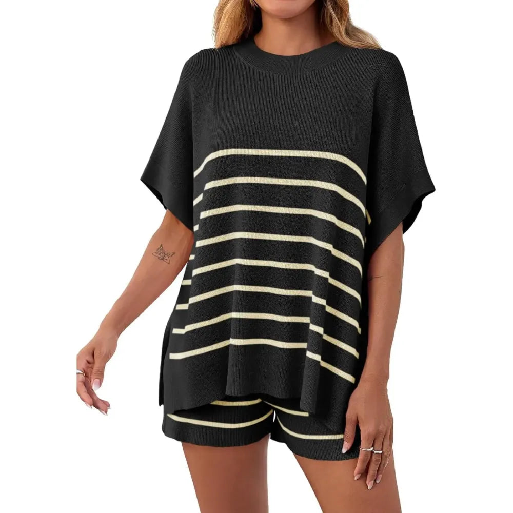 BellaVive – Chic Striped Loungewear Outfit Set – black / XS