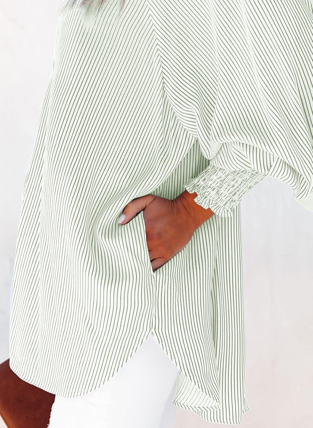 2026 ItemWomen's pleated cuffs striped shirt with pockets and casual collar – image 16