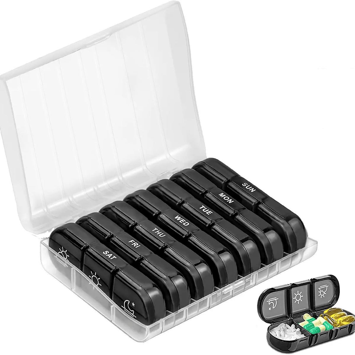 SafeSnap – 7-Day Portable Pill Organizer – Transparent box (black inner box)