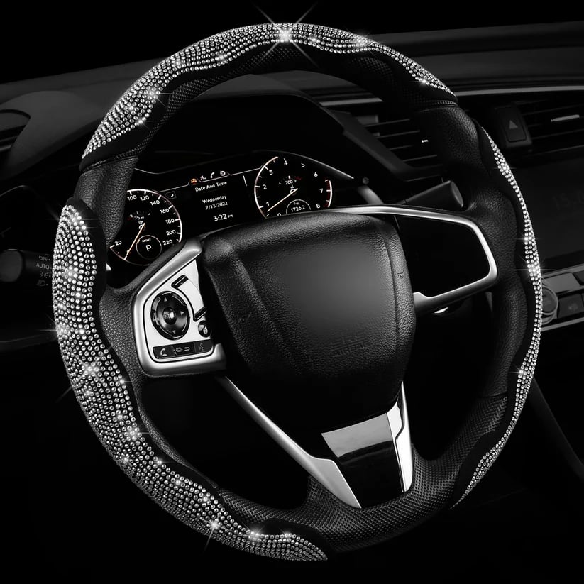 LuxiDrive – Crystal Studded Steering Wheel Cover – White / 3pcs