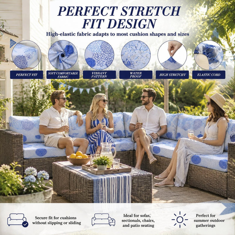 PatioLuxe – Stretch Seat Cushion Cover – Light Blue Floral / Buy 1 Set (4 pcs)