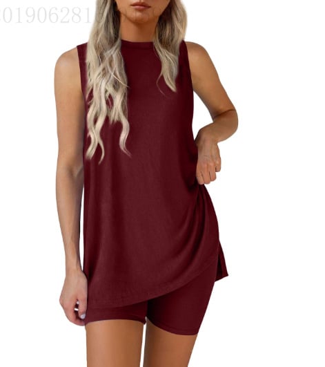 RelaxFit – Casual Split Hem Lounge Shorts Set – Burgundy / S