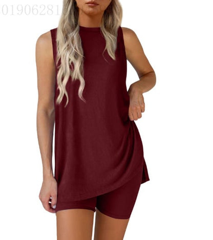 RelaxFit – Casual Split Hem Lounge Shorts Set – Burgundy / S