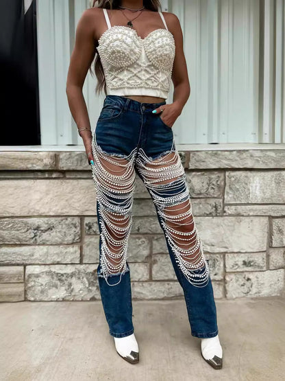 UrbanChain – Streetwear Embellished Denim Jeans – Blue / S