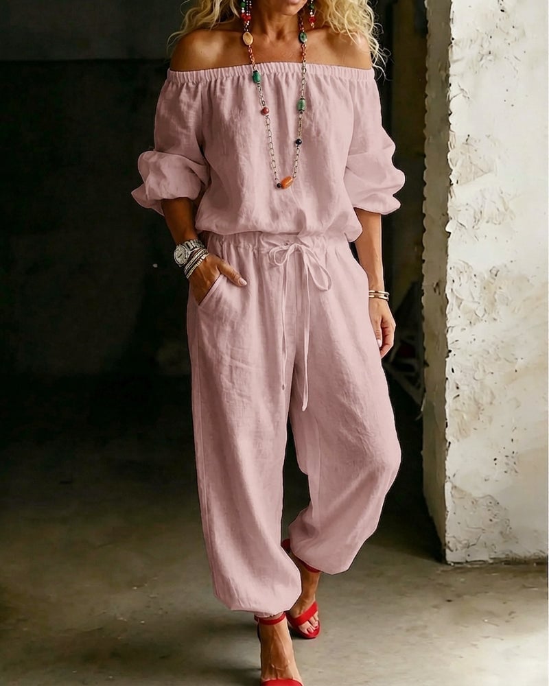 LuxeSilhouette – Off-Shoulder Tie Waist Jumpsuit – image 16