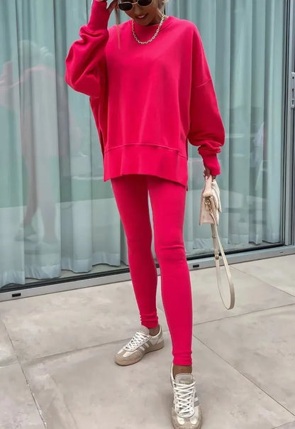 SoftEase – Comfy Slit Sweatshirt Two-Piece Set – Red / S