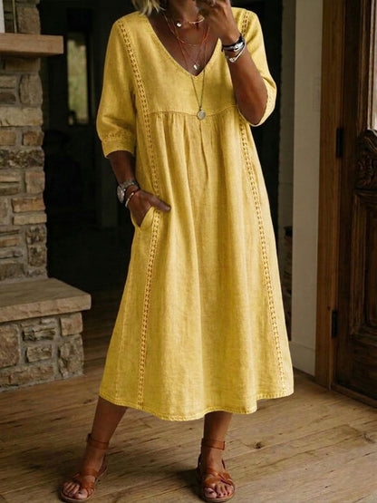 LinenLace – Casual Patchwork Linen-Cotton Dress – Yellow / S