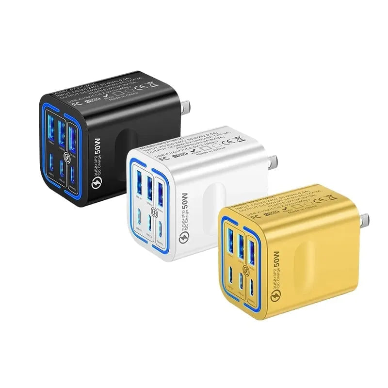 QuickPulse – Multi Port Fast Charger – US Plug, Black + White + Yellow