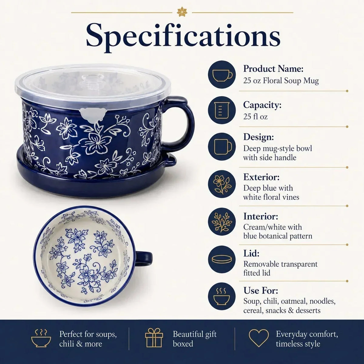 BloomBowl – Floral Handled Soup Mug – FloralLace Blue