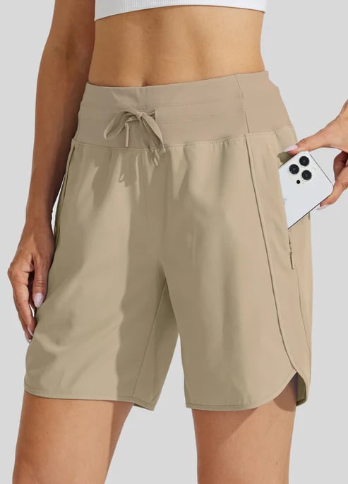 AthletiQ – Women’s Active High Rise Running Shorts – Khaki / XS