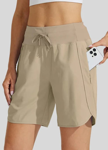 AthletiQ – Women’s Active High Rise Running Shorts – Khaki / XS
