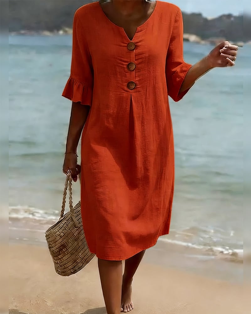 CottonCharm – Button Ruffle Sleeve Dress – Red / US6(M)