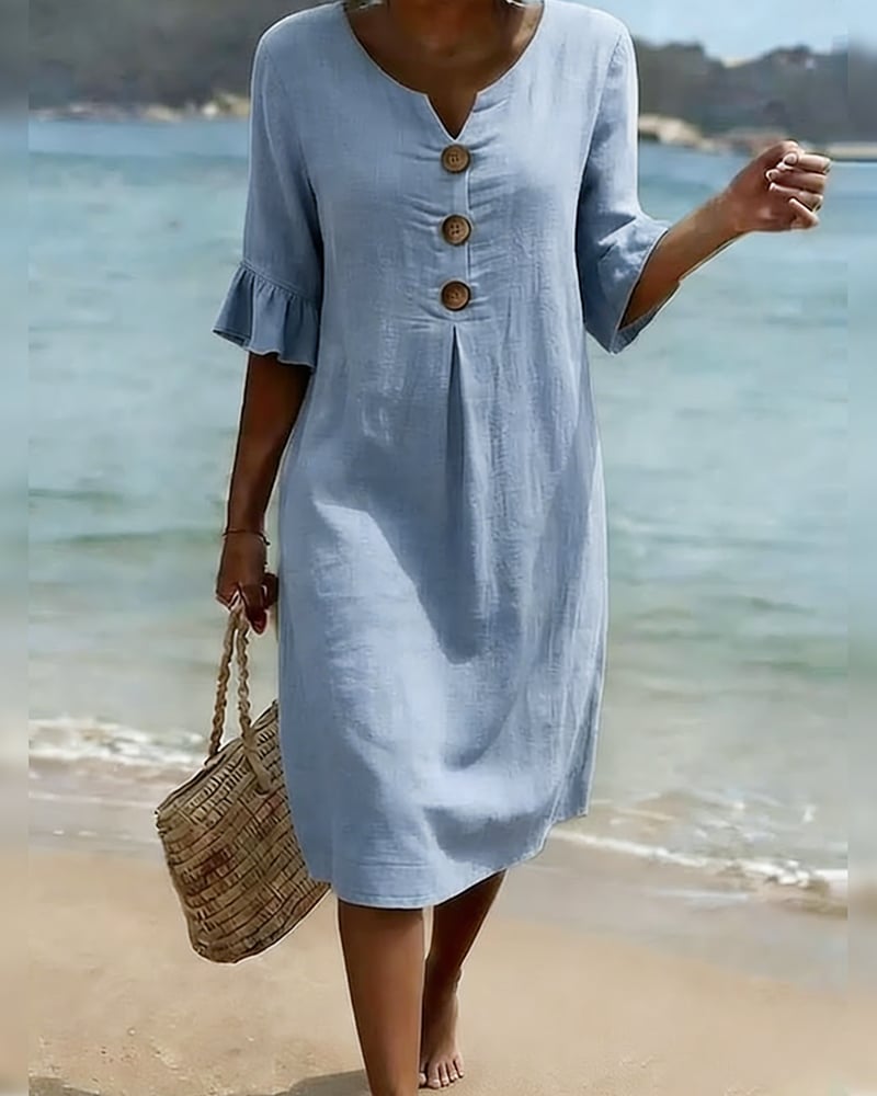 CottonCharm – Button Ruffle Sleeve Dress – Blue / US8/10(L)
