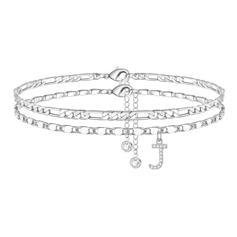ShineScript – Layered Anklet Bracelets with Letters – Silver / J