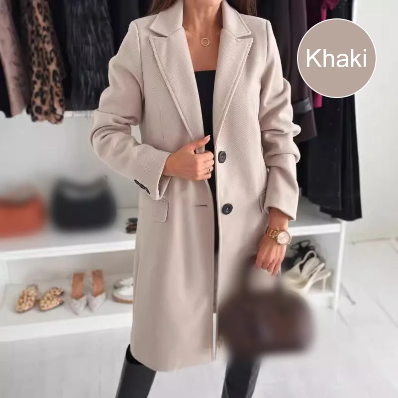 LuxeFemme – Women’s Elegant Tailored Long Coat – Khaki / S
