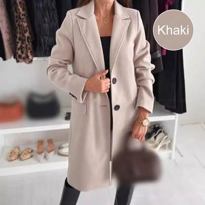 LuxeFemme – Women’s Elegant Tailored Long Coat – Khaki / S