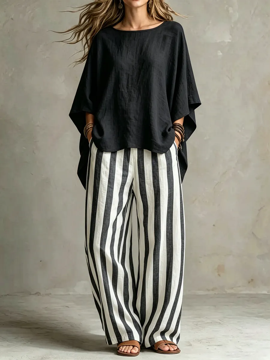 LinenLuxe – Women’s Striped Linen Set with Wide-Leg Trousers – Black / M