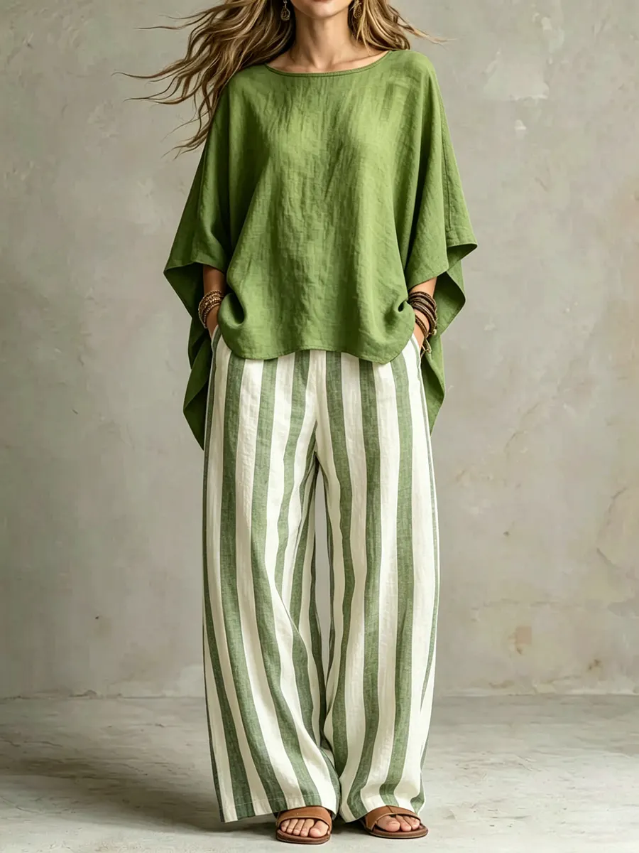 LinenLuxe – Women’s Striped Linen Set with Wide-Leg Trousers – Green / M
