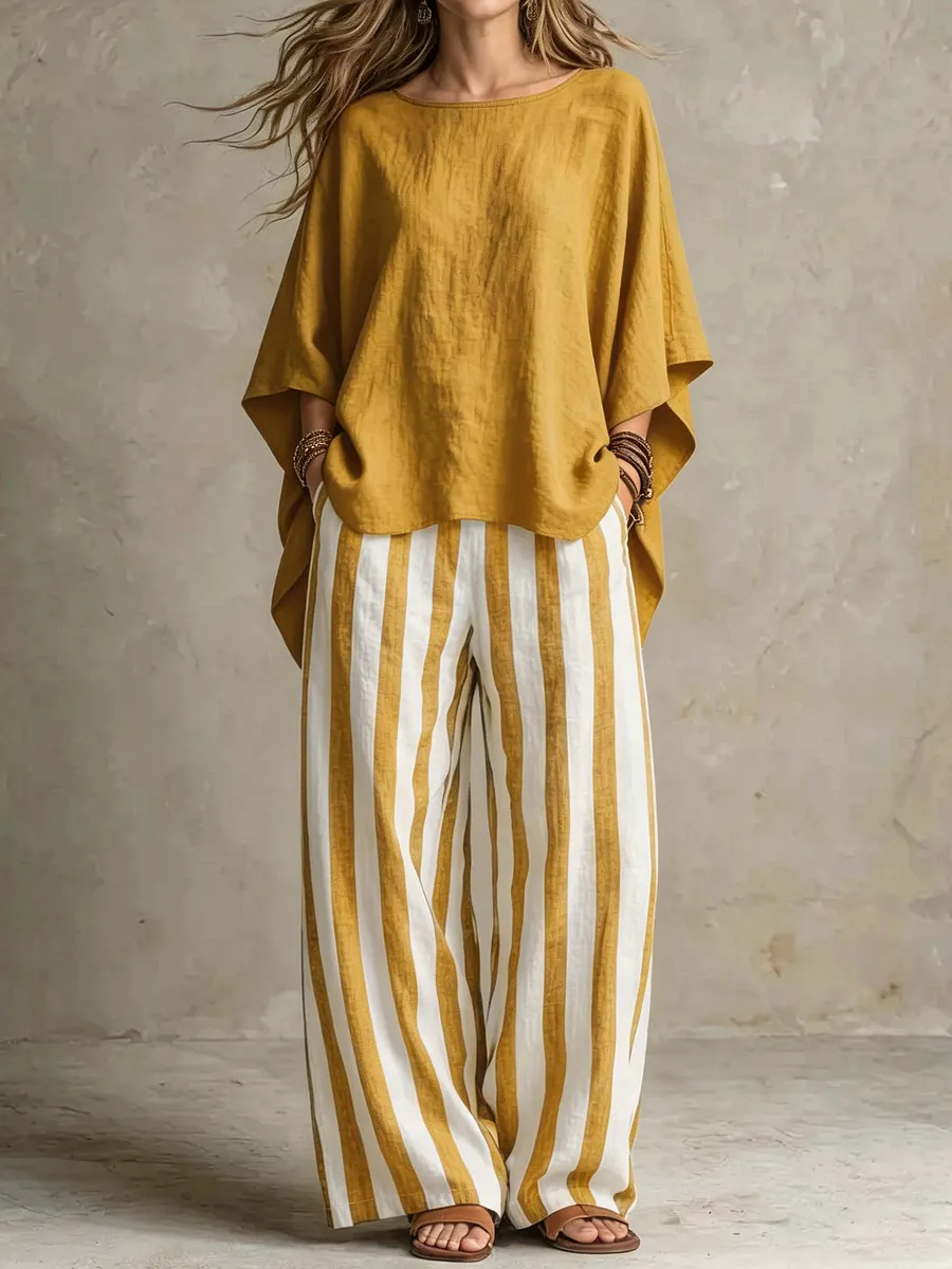 LinenLuxe – Women’s Striped Linen Set with Wide-Leg Trousers – Yellow / M