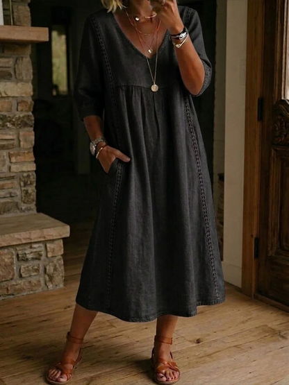 LinenLace – Casual Patchwork Linen-Cotton Dress – Black / S