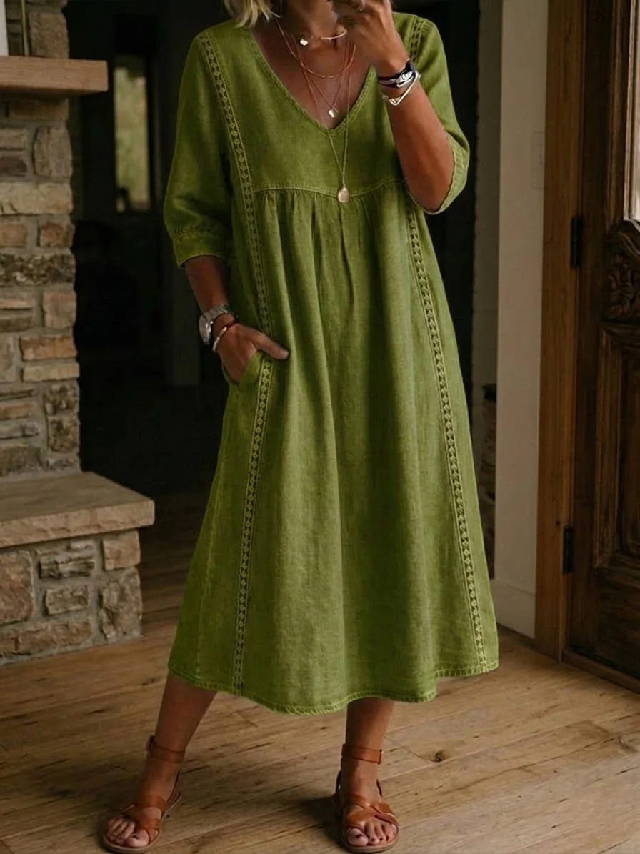LinenLace – Casual Patchwork Linen-Cotton Dress – Olive / S