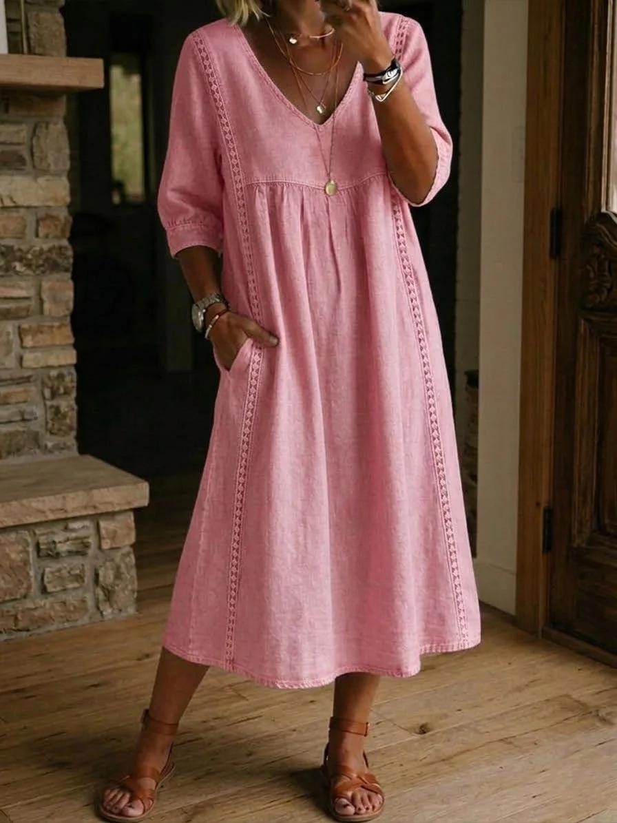 LinenLace – Casual Patchwork Linen-Cotton Dress – Pink / S