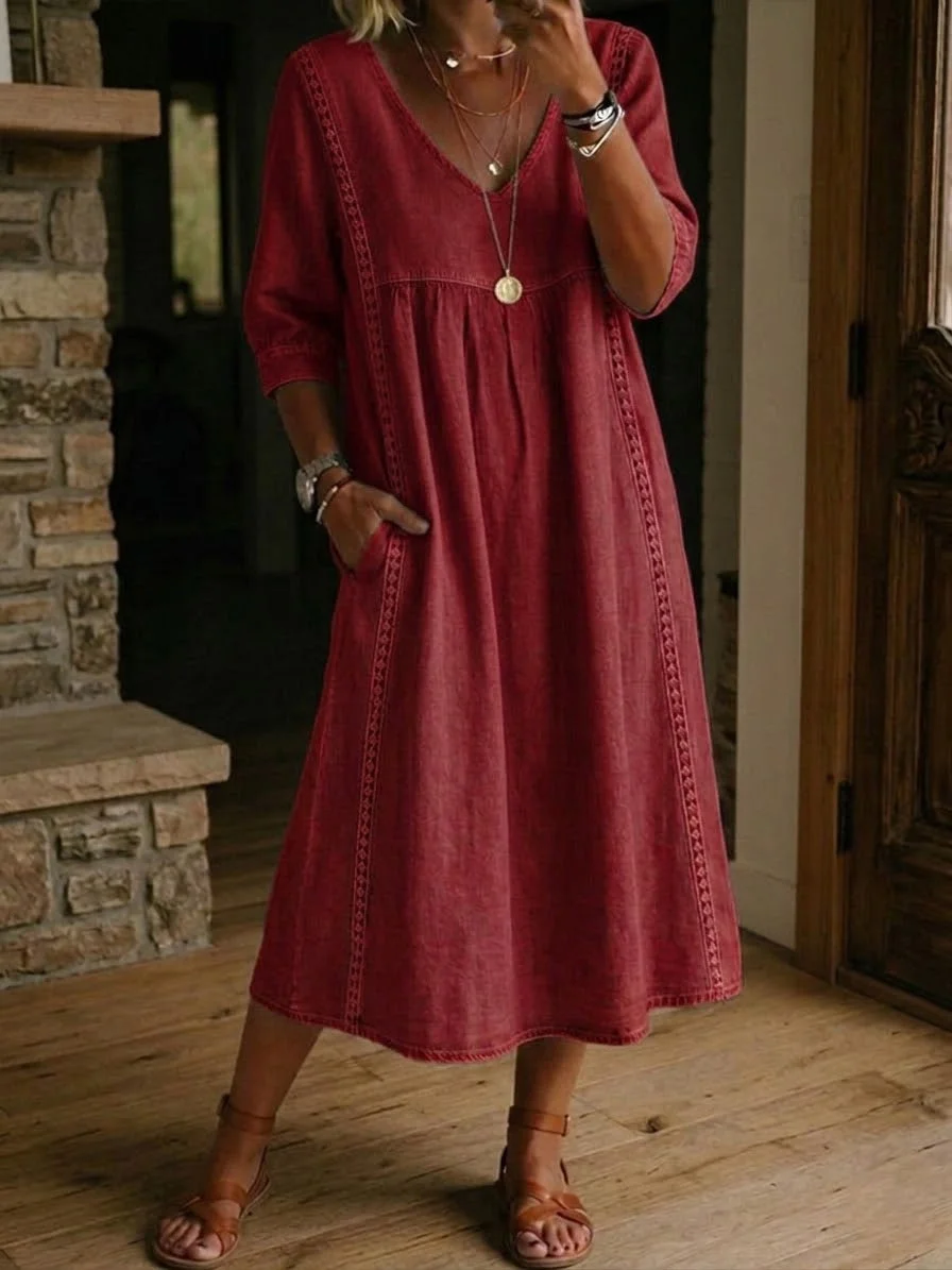 LinenLace – Casual Patchwork Linen-Cotton Dress – Red / S