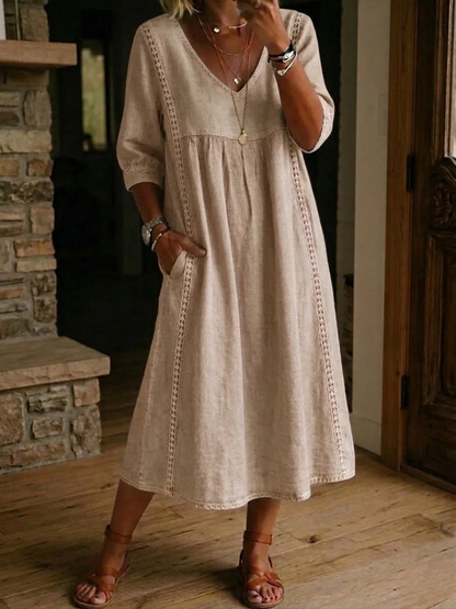 LinenLace – Casual Patchwork Linen-Cotton Dress – Sand / S