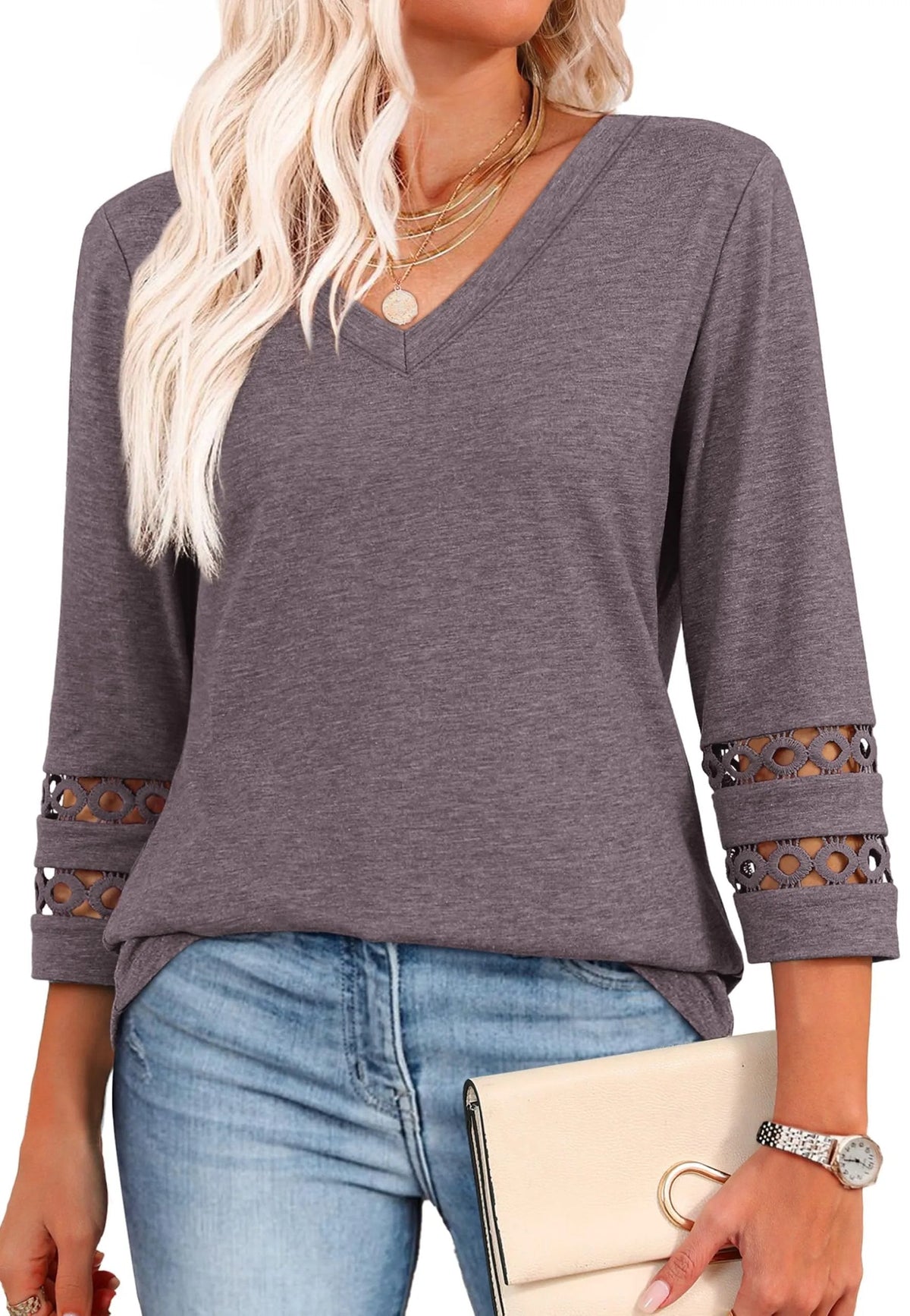 ClairaMode | Relaxed Fit V-Neck Sleeve Women Tee – Coffee gray / S