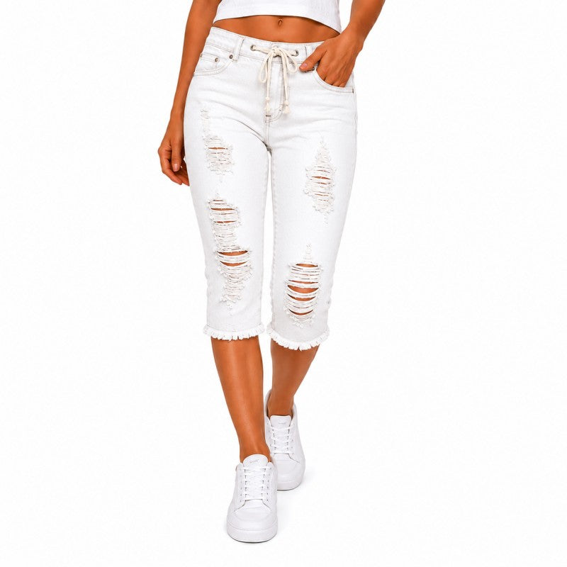 DenimBloom – High Waist Cropped Denim Jeans – White / XS