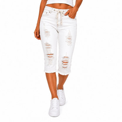 DenimBloom – High Waist Cropped Denim Jeans – White / XS