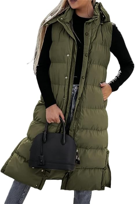 QuiltChic – Women's Long Puffer Vest with Hood – Army Green / S