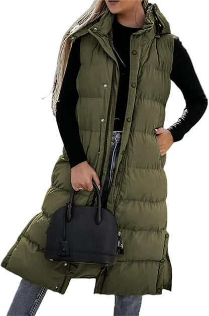 QuiltChic – Women's Long Puffer Vest with Hood – Army Green / S