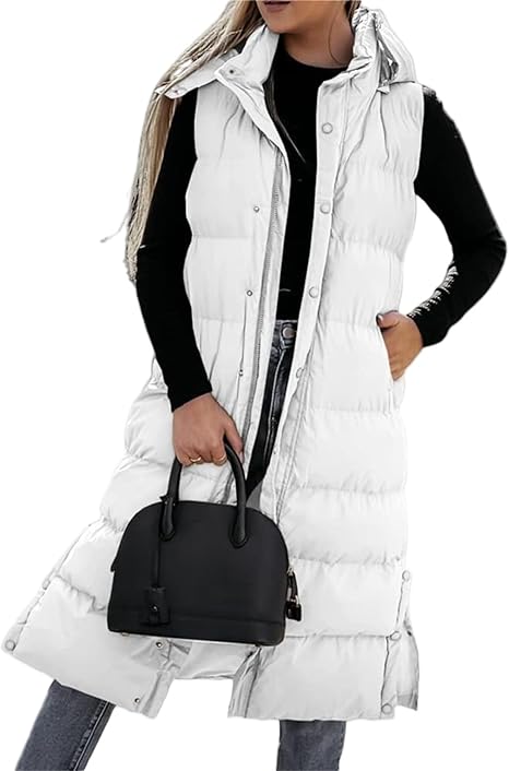 QuiltChic – Women's Long Puffer Vest with Hood – White / S