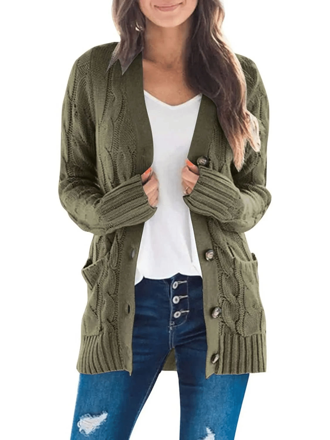 Velora – Chic Button Down Cardigan – Army Green / S(4-6）