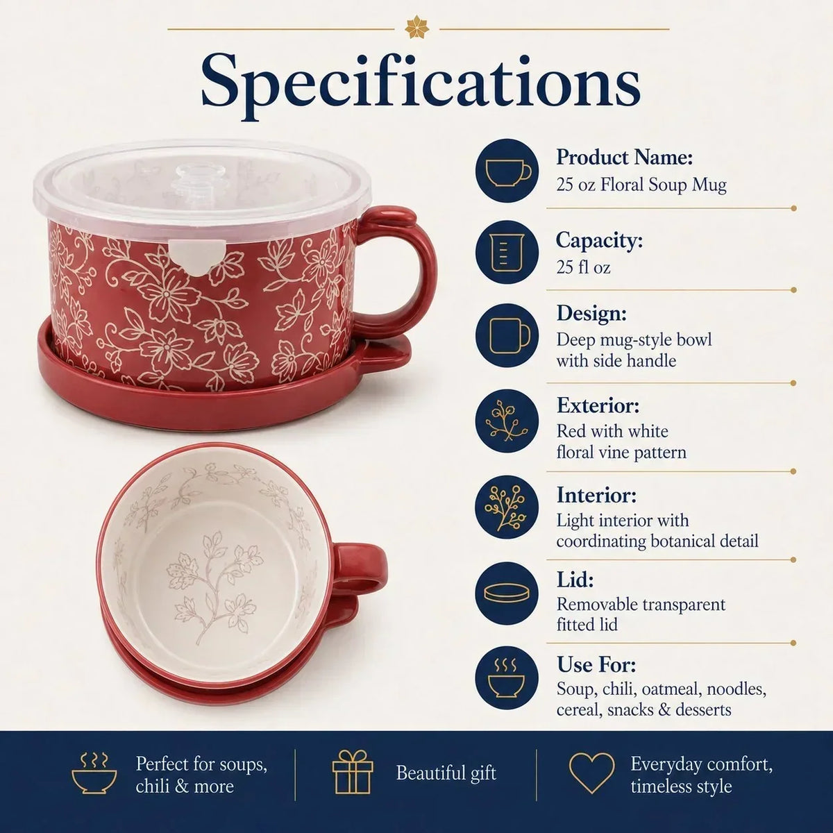 BloomBowl – Floral Handled Soup Mug – Floral Lace Red