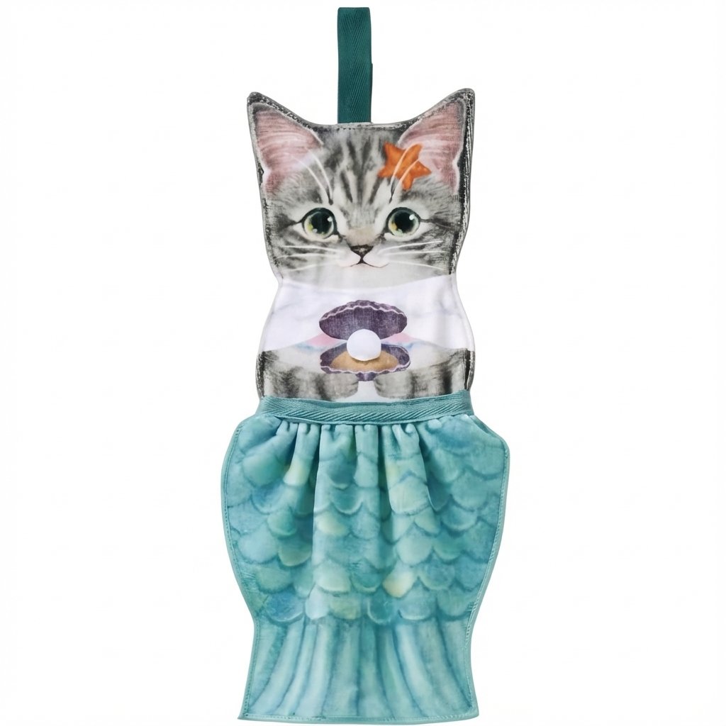 PurrfectlyClean – Humorous Cat Print Hand Towels – Mermaid Pearl Cat