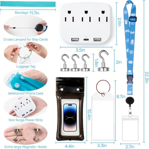 WavePack – All-in-One Cruise Kit – Upgraded Edition(A power strip without surge protection+1 Lanyard with ID Holder+2 Magnetic Hooks+2 Luggage Tag Set+1 Towel Bands+1 Waterproof Phone Holder )