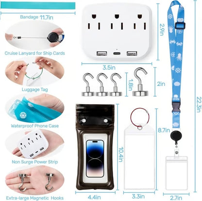 WavePack – All-in-One Cruise Kit – Upgraded Edition(A power strip without surge protection+1 Lanyard with ID Holder+2 Magnetic Hooks+2 Luggage Tag Set+1 Towel Bands+1 Waterproof Phone Holder )