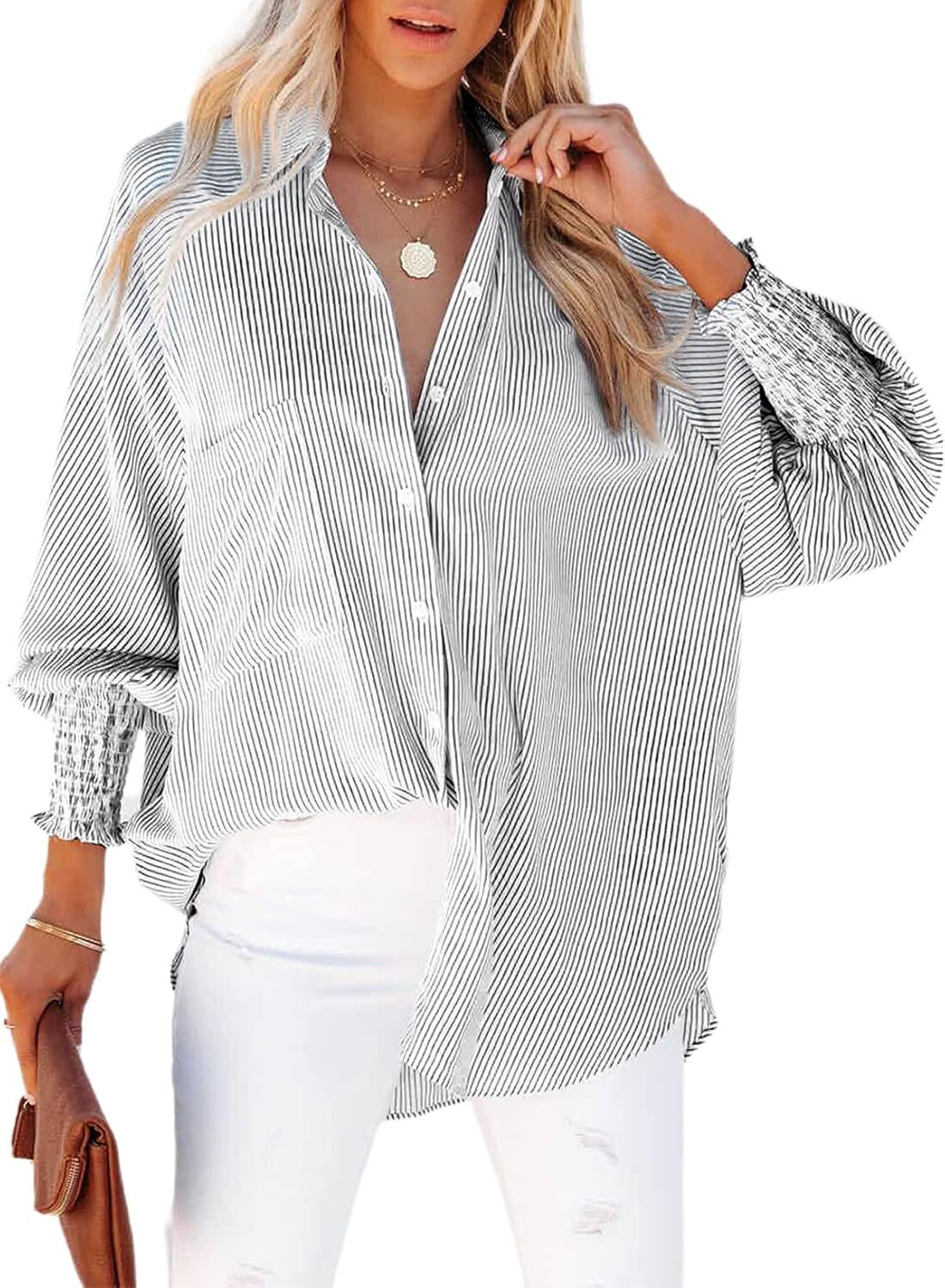 2026 ItemWomen's pleated cuffs striped shirt with pockets and casual collar – image 39
