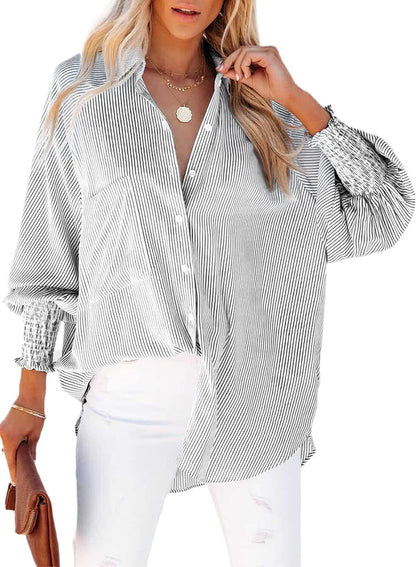 2026 ItemWomen's pleated cuffs striped shirt with pockets and casual collar – image 39