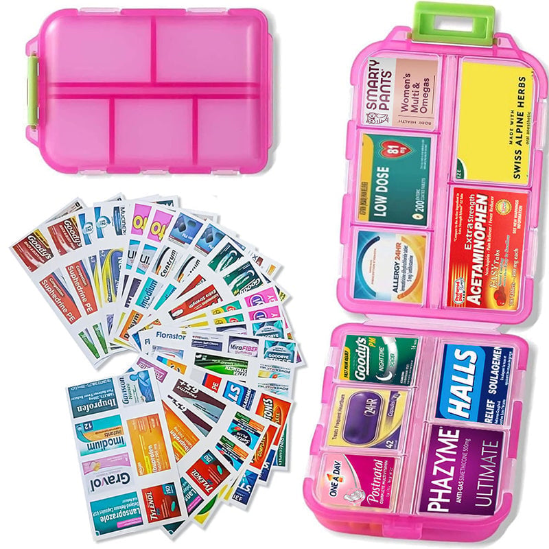DoseKeeper – Organized Pill Management Box – Travel Pill Organizer Box+161 Labels Pink