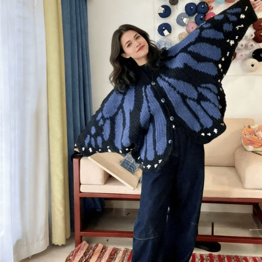 FlutterNest – Artistic Butterfly Comfort Cardigan – Black & Blue / 55.1" × 25.6" (One Size)