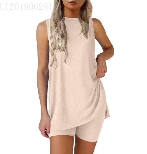 RelaxFit – Casual Split Hem Lounge Shorts Set – Khaki / S
