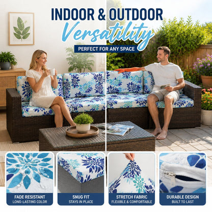 PatioLuxe – Stretch Seat Cushion Cover – Blue Floral Pattern / Buy 1 Set (4 pcs)
